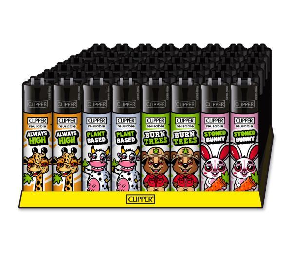 Clipper CLASSIC Large – Stoned Animals #2 4er Set mit Giraffe „Always High“, Kuh „Plant Based“, Bär „Burn Trees“ und Hase „Stoned Bunny“; nachfüllbar, Softflame, Stopfhilfe.